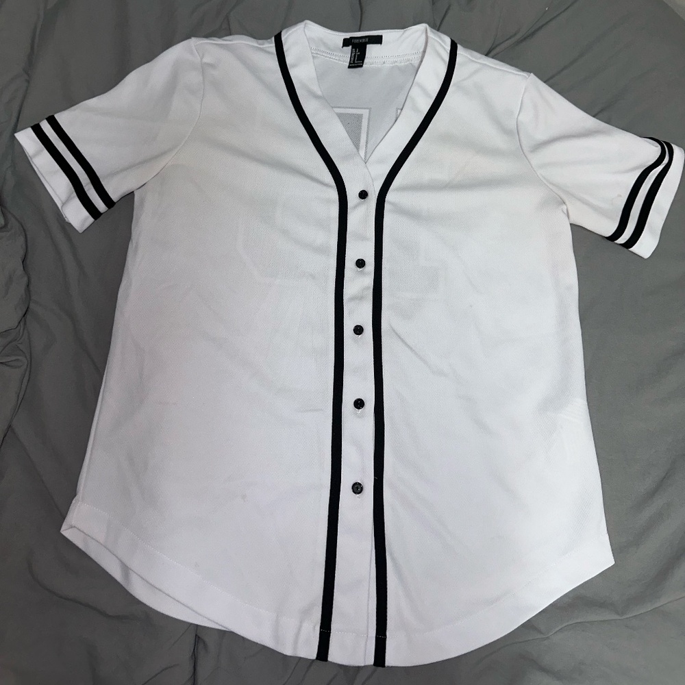 Button-down Oversized Jersey - US S - Unisex - Black - White - Forever 21